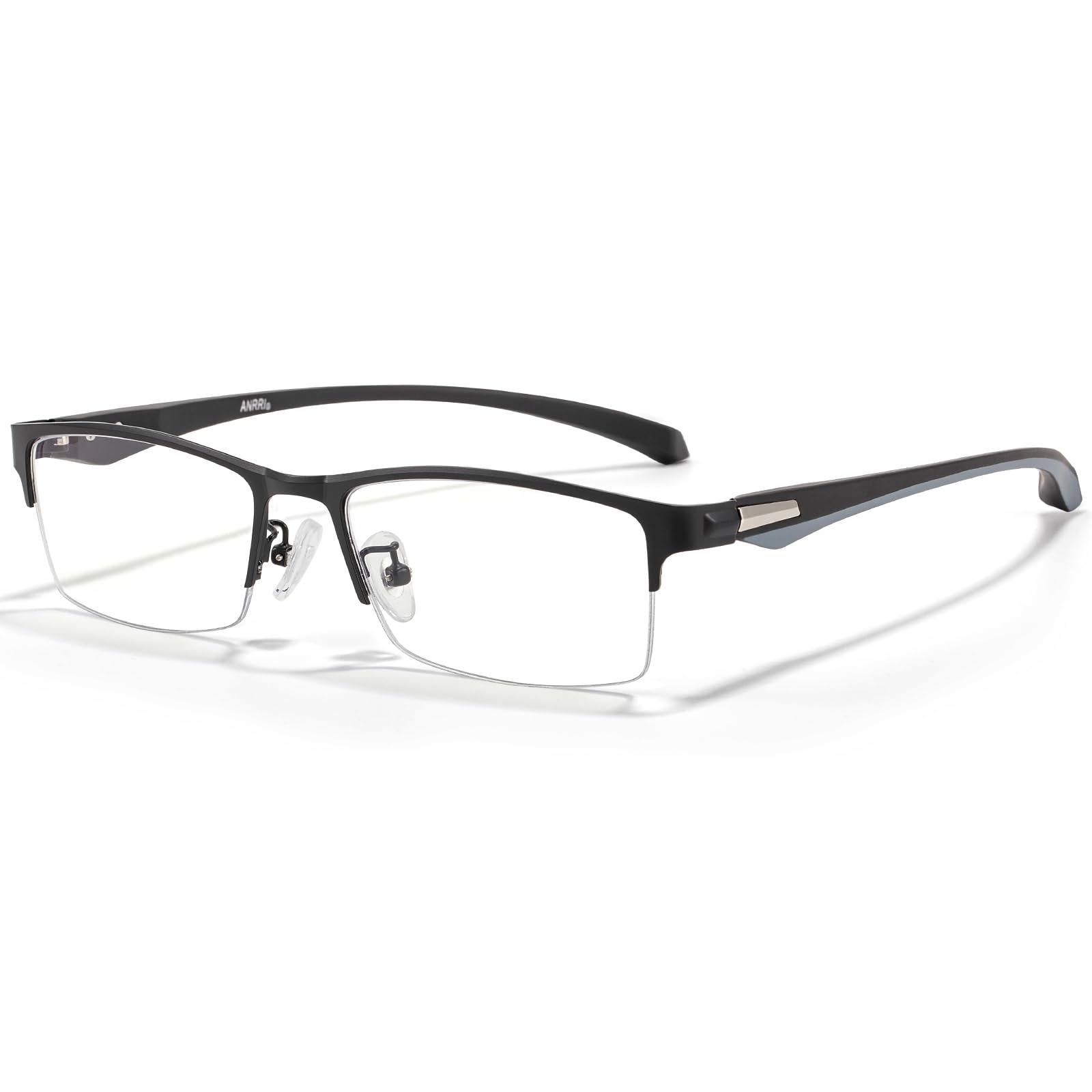 ANRRI Blue Light Glasses for Men Semi Rimless Rectangle Black Metal Frame UV Blocking Computer Glasses