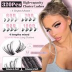Eyelash Clusters Kit 60+70+80+100D Individual Lashes 320Pcs 12-18mm Lash Extension Kit Wispy Eyelash Extension Kit Fluffy Volume Waterproof Cluster Eyelash Extensions Kit