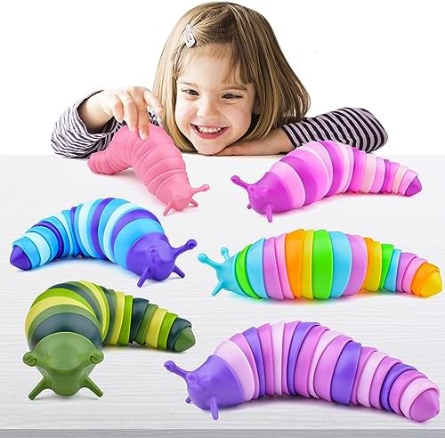 Cevioce 6 Sensory Slug Fidget Toys, Adults & Kids Party Favors, Autism Sensory Toys for 3+ Year Olds - Blue