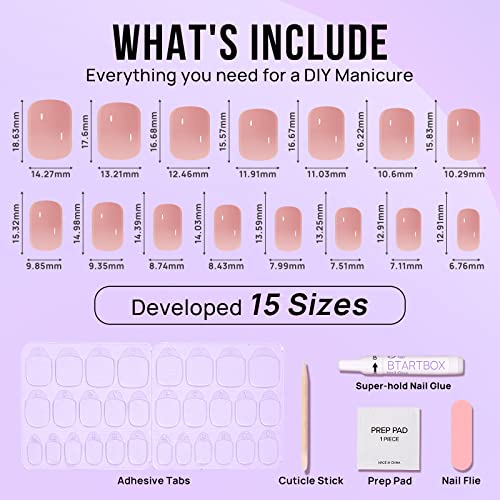 Press On Nails Short - BTArtbox Glue On Nails with Nail Glue, Reusable Stick On Nails, Nude Square Press On Nails in 15 Sizes - 30 Soft Gel Fake Nails Kit, Caramel