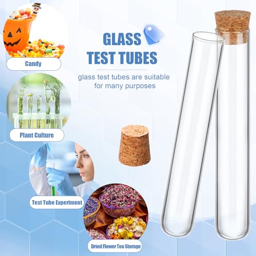 Thyle Glass Test Tubes with Cork Clear Stoppers Round Bottom Lab Test Alcohol Tampons Glass Tubes Container Vials for Plants Scientific Experiments Candy Storage Party Favors (50pcs,15 * 100mm/13ml)