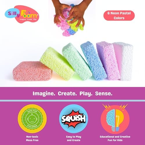 Silly Foam, Creative Modeling Foam Beads, 2-Pack of 6 Neon Pastel Color Block, No-Slime No-Mess, Perfect for Preschool and Kids, Arts & Crafts, Sensory Play, STEM, Travel Toy, Non-Toxic (Age 3+)