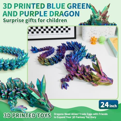 Large 3D Printed Dragon,24 Inch 3D Dragon Toys,Bigger Fidget Crystal Animals Toys, 3D Printed Articulated Animals for Home Office Car Desk Decor(Blue Green Purple)