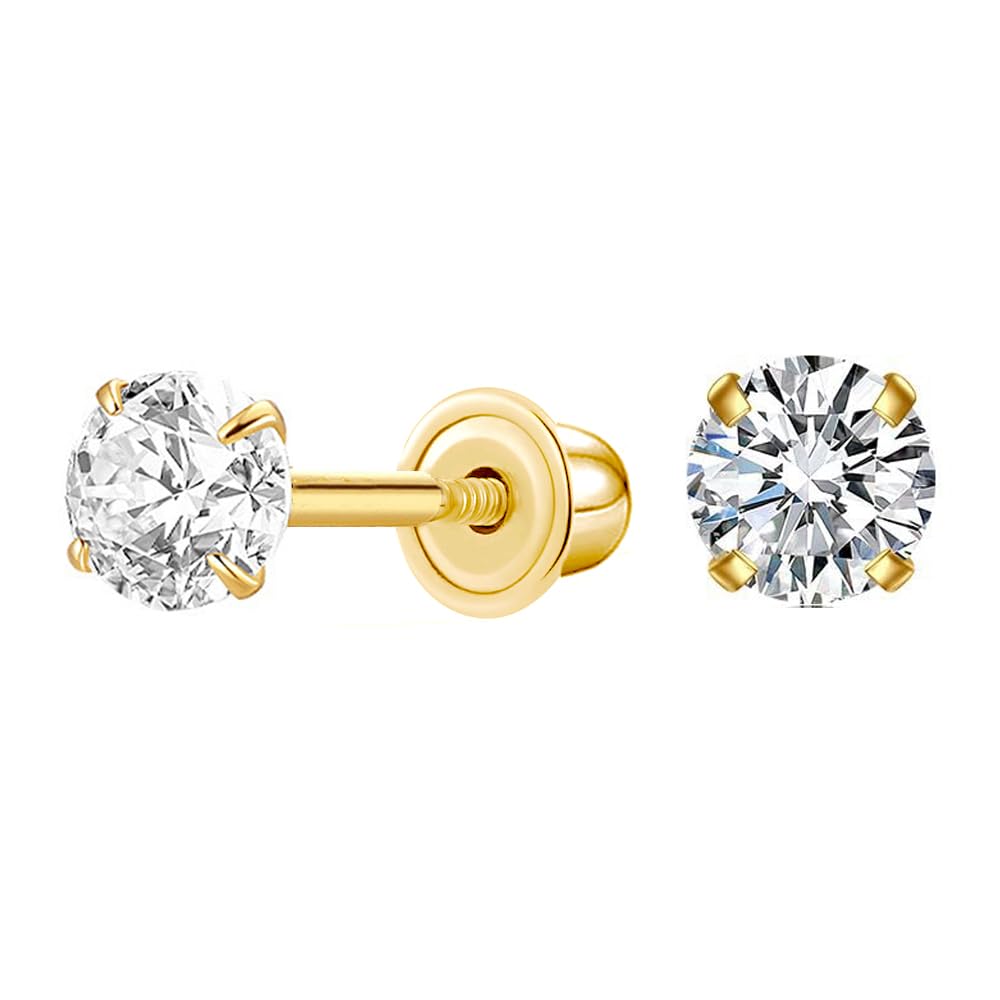 14K Gold Cubic Zirconia Stud Earrings,Secure Screw Back（Yellow Gold, 5mm）
