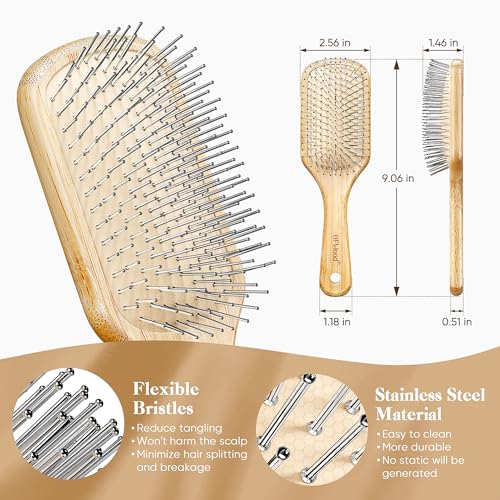 BFWood Bamboo Hair Brush with Steel Bristles, Help Hair Growth and Massaging Scalp