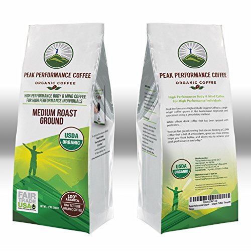 Peak Performance High Altitude Organic Coffee. Fair Trade, Low Acid, Non GMO, and Beans Full Of Antioxidants. Medium Roast Smooth Tasting USDA Certified Organic Ground Coffee Bag