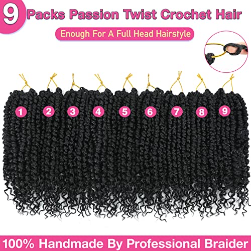 9 Pack Passion Twist Crochet Hair 10 Inch Pre-twisted Passion Twist Hair Pre Looped Boho Crochet Braids Hair for Women Girls and Kids (10Inch,1B)