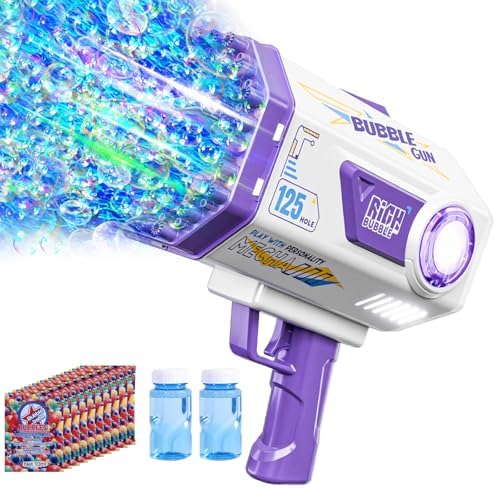 BOMOCO Bubble Gun, 125 Holes Bubble Machine Bubbles for Kids Age 3-12, Bubble Blaster Gun with Bubble Solution Summer Outdoor Bubble Toys Birthday Wedding Party Favors Bubble Maker Blower,Purple