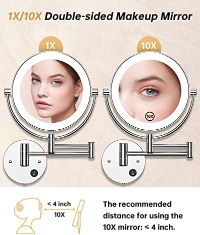 Gospire 8.5" Wall Mounted Lighted Magnifying Mirror, 1X/10X Double-Sided Magnification Round LED Cosmetic Vanity Bathroom Mirror Extendable Arm 360° Swivel for Shaving Makeup