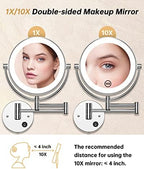 Gospire 8.5" Wall Mounted Lighted Magnifying Mirror, 1X/10X Double-Sided Magnification Round LED Cosmetic Vanity Bathroom Mirror Extendable Arm 360° Swivel for Shaving Makeup
