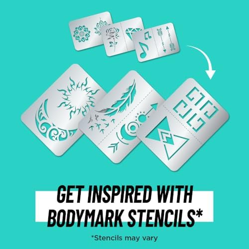 BODYMARK Temporary Tattoo Markers, 8-Count Artist's Set, Mixed Brush Tips, Assorted Colors, Skin-Safe & Cosmetic Quality, Cruelty-Free, Long Lasting, Stencils Included