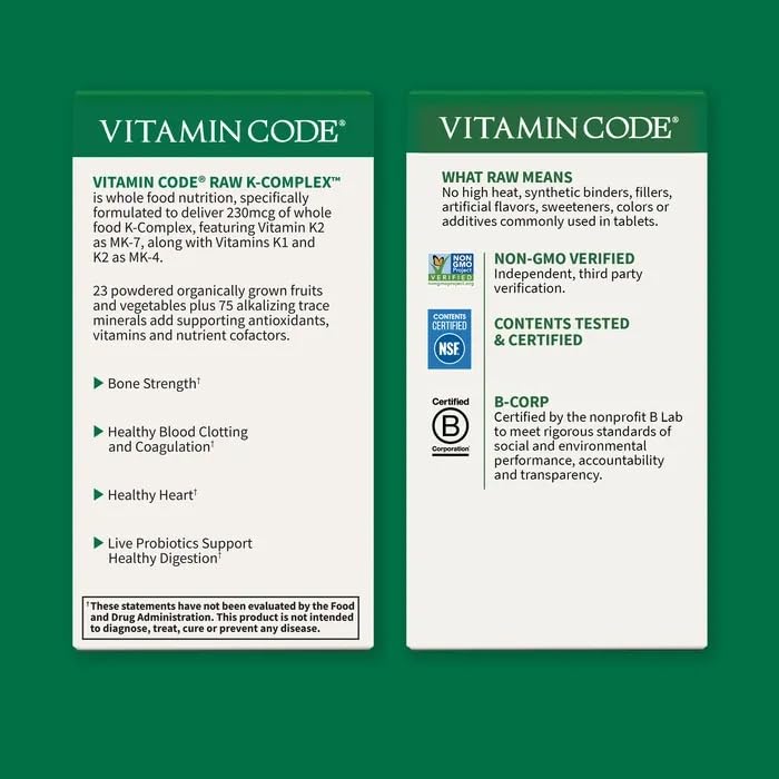 Garden of Life Vitamin K2 and K1, Vitamin Code Vegan K Complex Vitamin for Bone Strength and Heart Health, Omega Rich Flax Seed Oil, Trace Minerals, Probiotics, 60 Day Supply