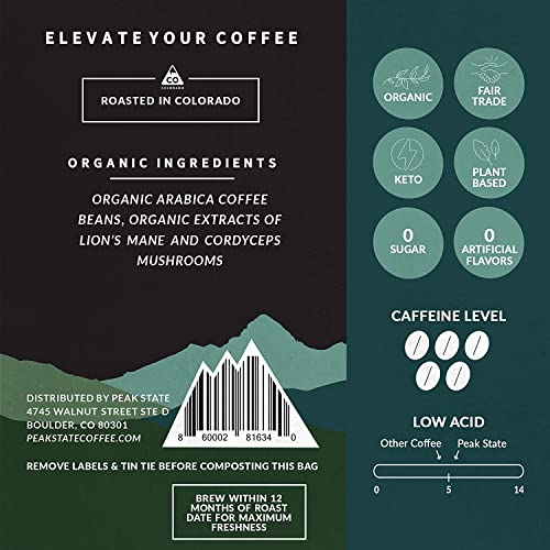 Peak State Coffee with Functional Mushrooms, Low Acid, Whole Bean (FOCUS, BOOST IMMUNITY, & DESTRESS) (Brain Sustain)