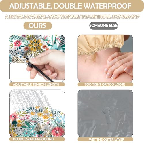 2 PCS Shower Cap Reusable Waterproof Double Layer Elastic Adjustable Hair Bath Caps Cute Aesthetic for Women Girls-Flowers