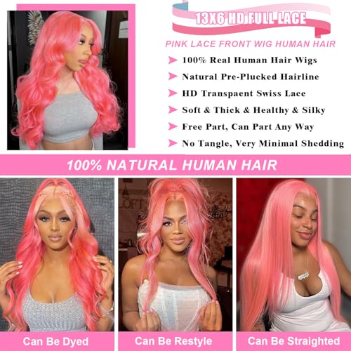 Pink Lace Front Wigs Human Hair 13x6 Body Wave Lace Front Wig Human Hair Pre Plucked 180% Density Hot Pink Hd Full Lace Frontal Wig Wear and Go Glueless Pink Wig Human Hair For Women 20 Inch