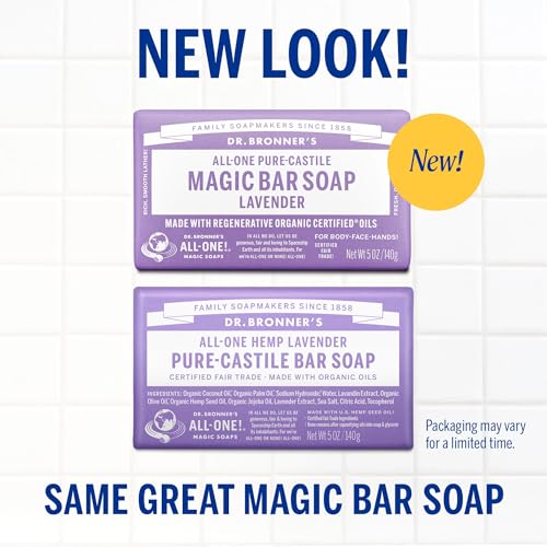 Dr. Bronner's Pure-Castile Magic Soap Bars (Lavender, 5 oz, 6-Pack)- Bath Soap with Regenerative Organic Certified Oils- For Face, Body & Hair - Gentle, Biodegradable, Vegan- Bar Soaps for Men & Women
