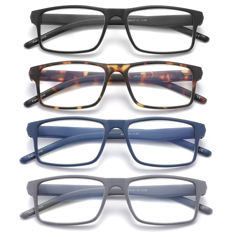 JAWSOCK 4 Pack Reading Glasses Blue Light Blocking for Men Women,Rectangular Frame Computer Readers with Spring Hinge,Reading Glasses for Men Women，Anti Eyestrain/UV Ray Eyeglasses (1.75x)
