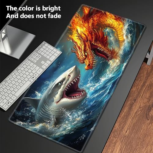 Playmats for Magic: The Gathering MTG Card Game Mat Plus 50 Pcs Card Sleeves, 24 x 14 inch TCG Mat with Stitched Edge for Commander Deck Duskmourn Board Game, Dragon and White Shark