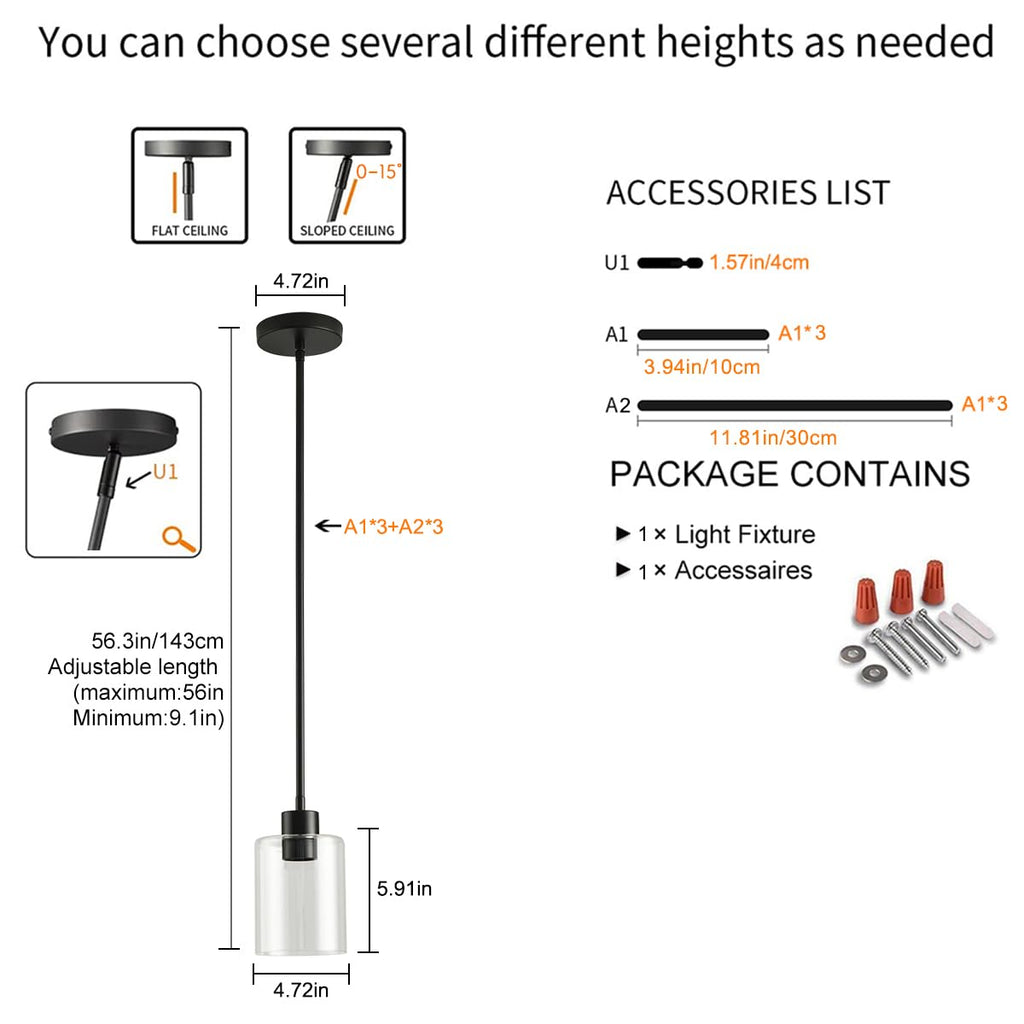 KLSS Black Pendant Lights Kitchen Island,Modern Farmhouse Glass Pendant Light,Light Fixture Kitchen Pendant Mini Hanging Light Fixture for Sink (1 Pack Black stem Rod)