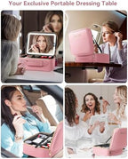 JUSRON Travel Makeup Bag With LED Mirror, Train Case with Light up Mirror, Portable Makeup Artist Organizer Bag with Adjustable Dividers, Makeup Brush Holder Storage (Pink, Large)