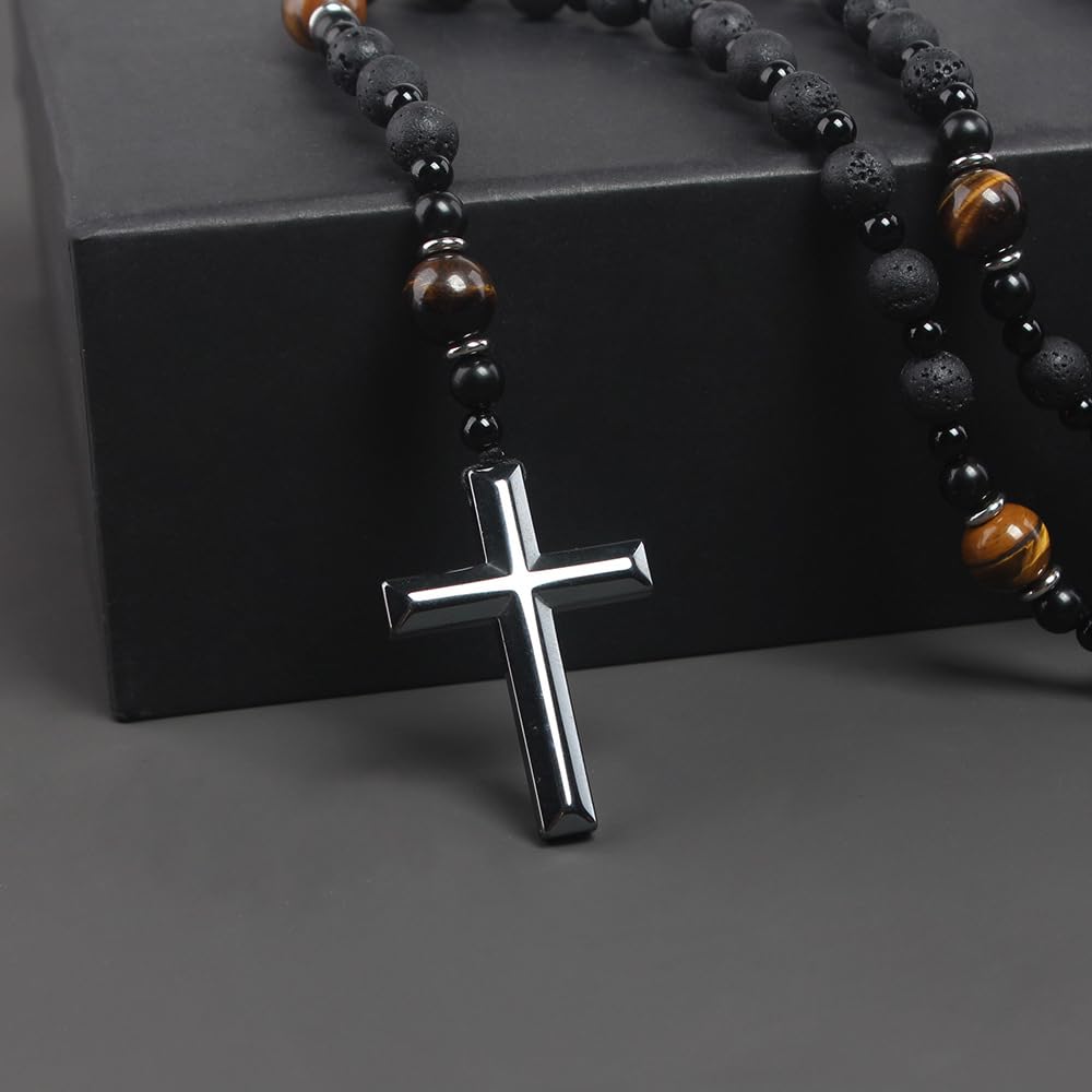 Rosary Necklace for Men, Black Catholic Rosary, Lava Rock Tiger Eye Beads Cross Necklace, Rosarios Catolicos Para Hombre (B)