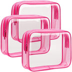 F-color 3 Pack Toiletry Bags for Travel - TSA Approved Clear Quart Size Cosmetic Bag, Matte Rose Red