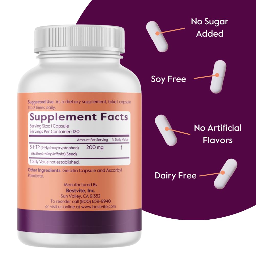 BESTVITE 5-HTP 200mg per Capsule (240 Capsules) (120 x 2) - No Stearates - No Flow Agents - Gluten Free - Non GMO