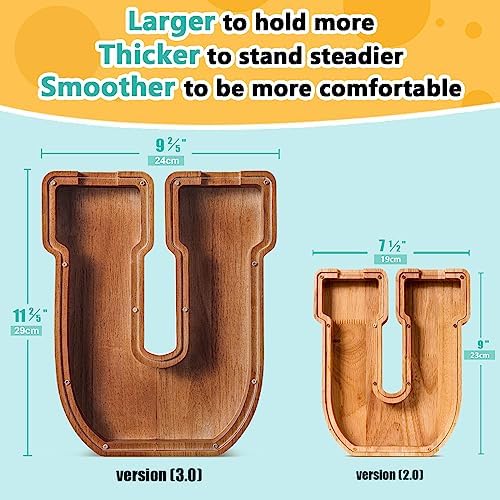 Summidate Customized Name Extra Large Wooden Piggy Bank for Kids Boys Girls Alphabets Letter A-Z Coins Bills Money Change Saving Box Clear Cover (Laser Engraved) Educational Toys 12"- Letter U