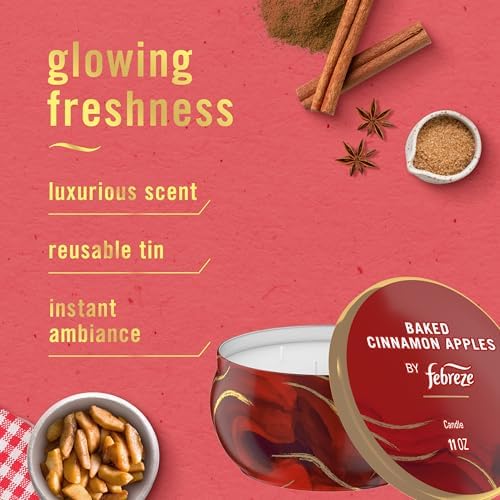 Febreze Scented Candle, Baked Cinnamon Apples Scent, 11 oz 4 Wick Candle, Single Pack