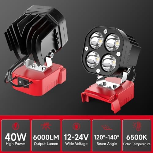 2 Packs LED Work Light Compatible with Milwaukee 18V Battery, 40W 6000LM Flashlight,18V Battery Cordless Work Light 120°Adjustable with Low Voltage Protection for Outdoors Job Site Lighting