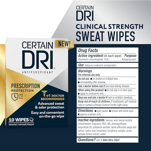 Certain Dri Antiperspirant Wipes for Excessive Sweating and Hyperhidrosis, Clinical Strength Protection Against Odor and Perspiration Lasting 72 Hours, Travel Friendly, Dermatologist Recommended, 10ct
