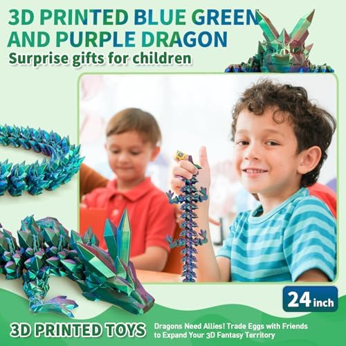 Large 3D Printed Dragon,24 Inch 3D Dragon Toys,Bigger Fidget Crystal Animals Toys, 3D Printed Articulated Animals for Home Office Car Desk Decor(Blue Green Purple)