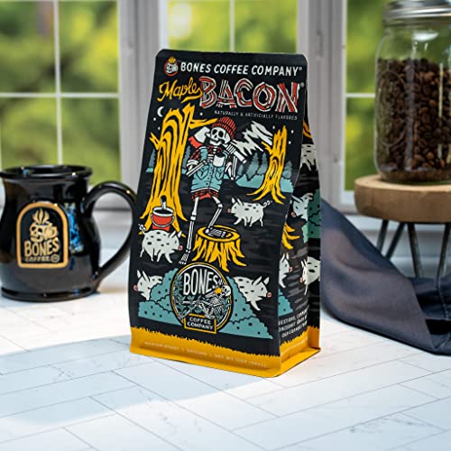 Bones Coffee Company Maple Bacon Flavored Coffee Beans, Medium Roast Ground Coffee Low Acid, Maple Bacon Flavor (12 oz)