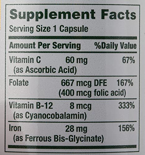 Nature’s Bounty Gentle Iron 28 mg Capsules with Vitamin C,Folic Acid,Vitamin B-12 Iron Supplement,Non-GMO,Gluten-Free,90 Count (Pack of 3)