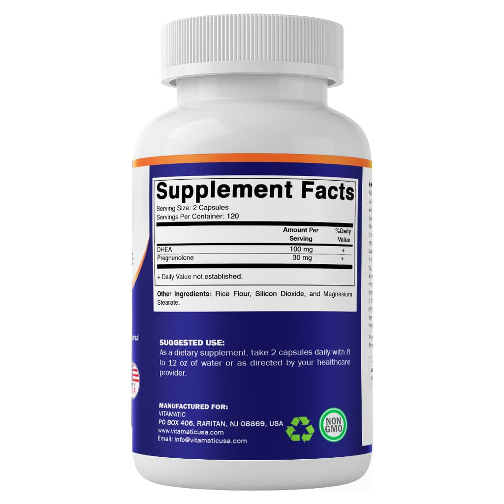 Vitamatic DHEA 100 mg + Pregnenolone 30 mg | 240 Capsules | Non-GMO | Made in USA