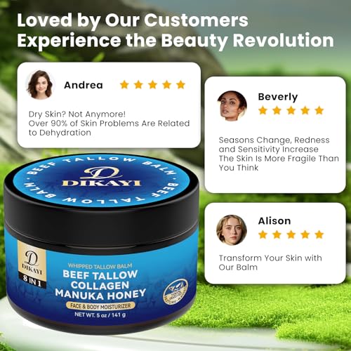 Whipped Beef Tallow Balm for Skin, 5 oz - 8-in-1 Organic Multi-Use Natural Moisturizer for Face, Body, Lips - Hydrates Dry & Cracked Skin with Grass-Fed Ingredients, Collagen, Manuka Honey (Unscented)