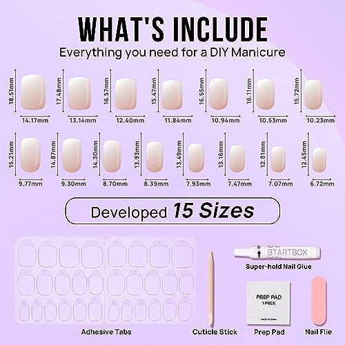 BTArtbox Square Ombre Press On Nails -Soft Gel Press On Nails Short with Nail Glue, 15 Sizes - 30 Reusable Fake Nails Kit, Vanilla Cream