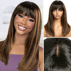 Bang Wigs Human Hair Glueless Straight Layered Bob Hairstyle 4x2 Transparent Lace Ombre Brown Highlights for Women 18 Inch