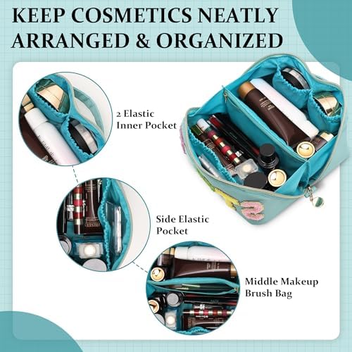 Stoney Clover Preppy Makeup Bag, Large Capacity Travel Cosmetic Bag, Chenille Letter Open Flat Nylon Bag, Mint