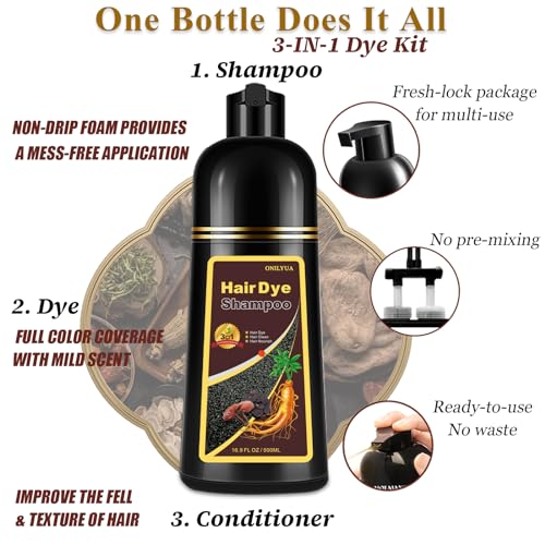 Burgundy Hair Dye Shampoo 3-IN-1,Gray Hair Coverage for Women & Men, Instant & Long-lasting Hair Color in Minutes, Pure Plant Extract Color Shampoo Hair Dye Kit for All Hair Types(Wine Red)