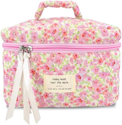 Makeup Bag Large Travel Quilted Cosmetic Makeup Bag Organizer, Floral Cotton Coquette Aesthetic Toiletry Bag for Women Girls (Pink Floral-L)