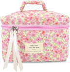 Makeup Bag Large Travel Quilted Cosmetic Makeup Bag Organizer, Floral Cotton Coquette Aesthetic Toiletry Bag for Women Girls (Pink Floral-L)