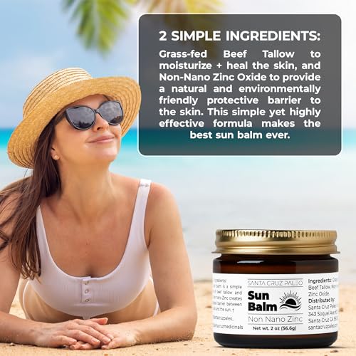 Santa Cruz Paleo Beef Tallow for Skin & Zinc Sunscreen, Grass Finished & Grass Fed Beef Tallow Face Moisturizer & Non Nano Zinc Oxide Mineral Based Sun Balm, Moisturizing Natural Formula, 2 oz