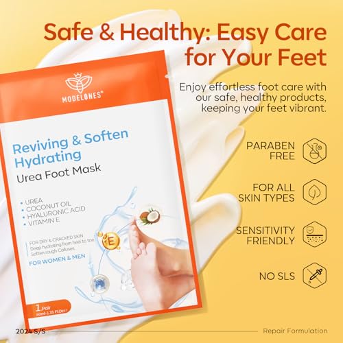 modelones 6 Pairs Hydrating Foot Mask for Dry Cracked Feet, Deep Moisturizing with Urea + Coconut Oil + Hyaluronic Acid+ Vitamin E, Foot Care for Women and Men, Soft Smooth Feet