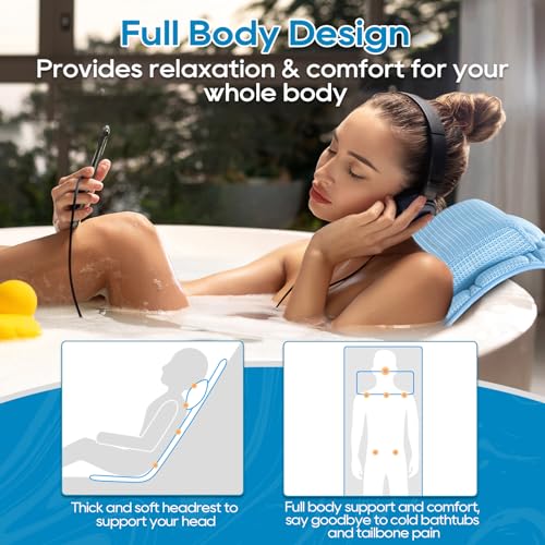 OMYSTYLE Full Body Bath Pillow, Bath Pillows for tub with Mesh Washing Bag & 21 Non-Slip Suction Cups, Spa Bathtub for Head Neck Shoulder and Back Support - 5D Air Mesh & Quick Drying | Blue