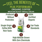 Peak Performance High Altitude Organic Coffee. Fair Trade, Low Acid, Non GMO, and Beans Full Of Antioxidants. Medium Roast Smooth Tasting USDA Certified Organic Whole Bean Coffee Bag