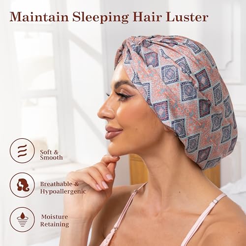 Adjustable Silk Satin Bonnet for Sleeping Hair Wrap, Double Layer Sleep Cap, Night Turban for Large Long Curly Braid Women Men Hair - Bohemia