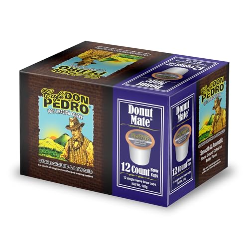Cafe Don Pedro Donut Mate Low Acid Coffee Pods - Compatible with Keurig K-cup Coffee Maker, Medium Roast, 100% Arabica, Battles Heartburn, Acidic Reflux (12)