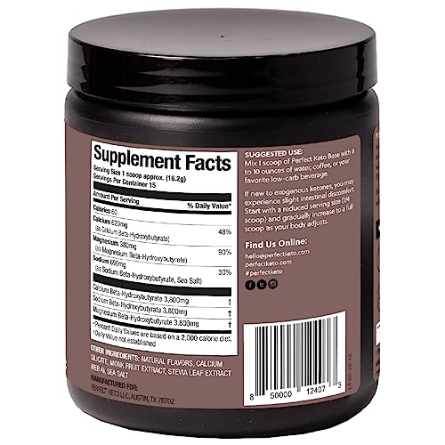 Perfect Keto Exogenous Ketones Powder, BHB Salts for Ketosis & Fasting Support, Electrolytes for Hydration, Caffeine Free Energy, Chocolate, 8.57 oz
