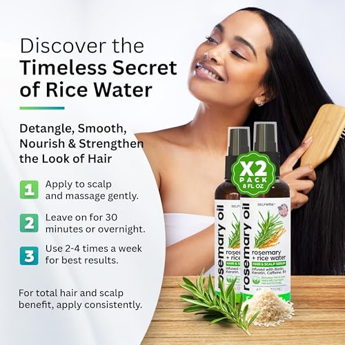 Rosemary Oil and Rice Water Hair Growth Spray - Serum with Biotin, Keratin, Caffeine, Vitamins C & B5 for Hair Mask, Hair Care, Scalp Treatment, Thickening Dry Damaged Hair for Women & Men 8oz